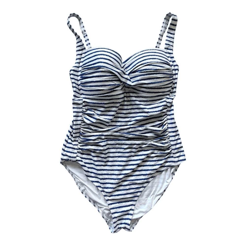 Niptuck Swim One Piece Swimsuit US 12 White Navy Striped Twist Front Underwire